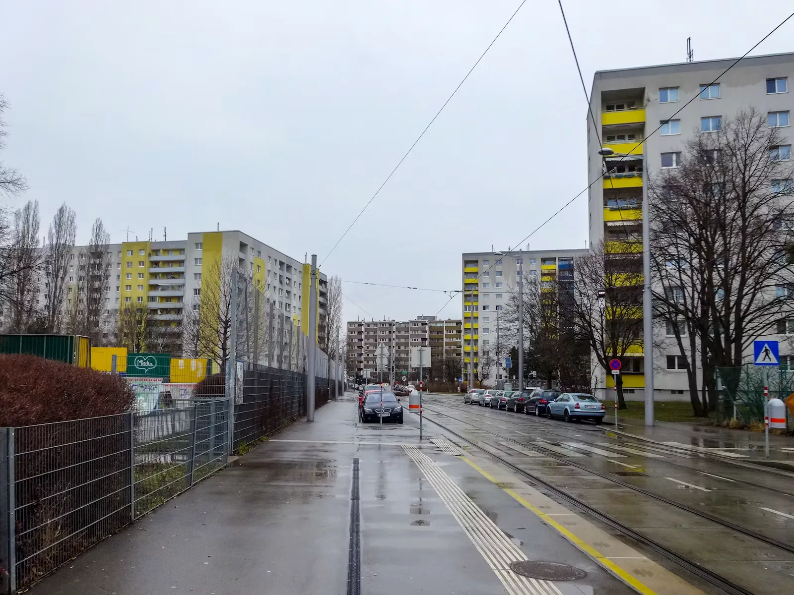 Straßenzug in Wien mit Altbauten und Straßenbahngleisen bei bedecktem Himmel