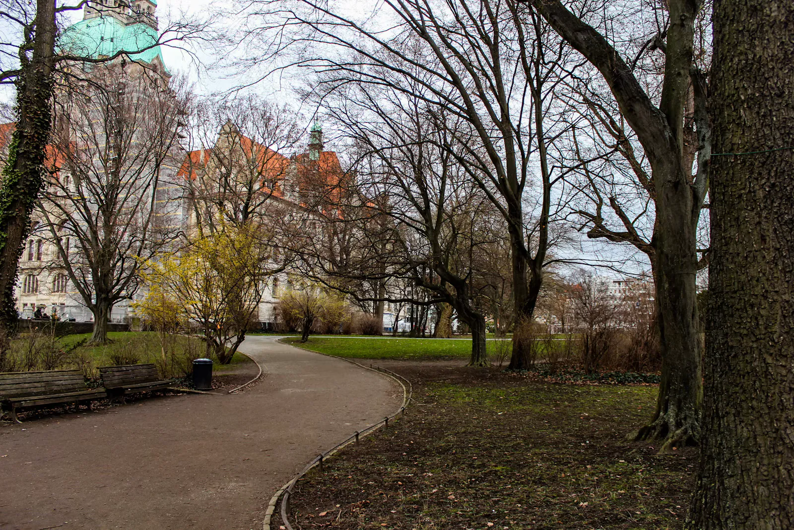 Ein geschwungener Parkweg im Maschpark in Hannover mit Holzbänken und kahlen Bäumen, im Hintergrund das Neue Rathaus mit grüner Kuppel