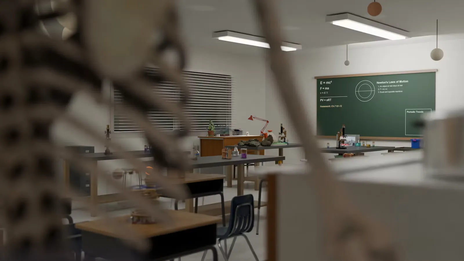 An empty school science classroom with rows of desks facing a green blackboard, the setting where most NEET Chemistry questions are first taught