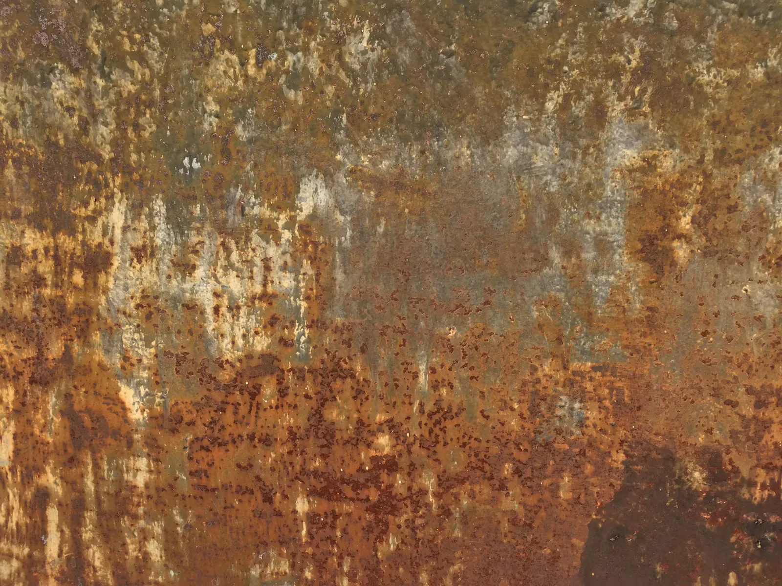 Close-up of a rusted metal surface in orange, brown and grey patches, the iron oxide a reminder that iron among the d and f block elements shows more than one oxidation state