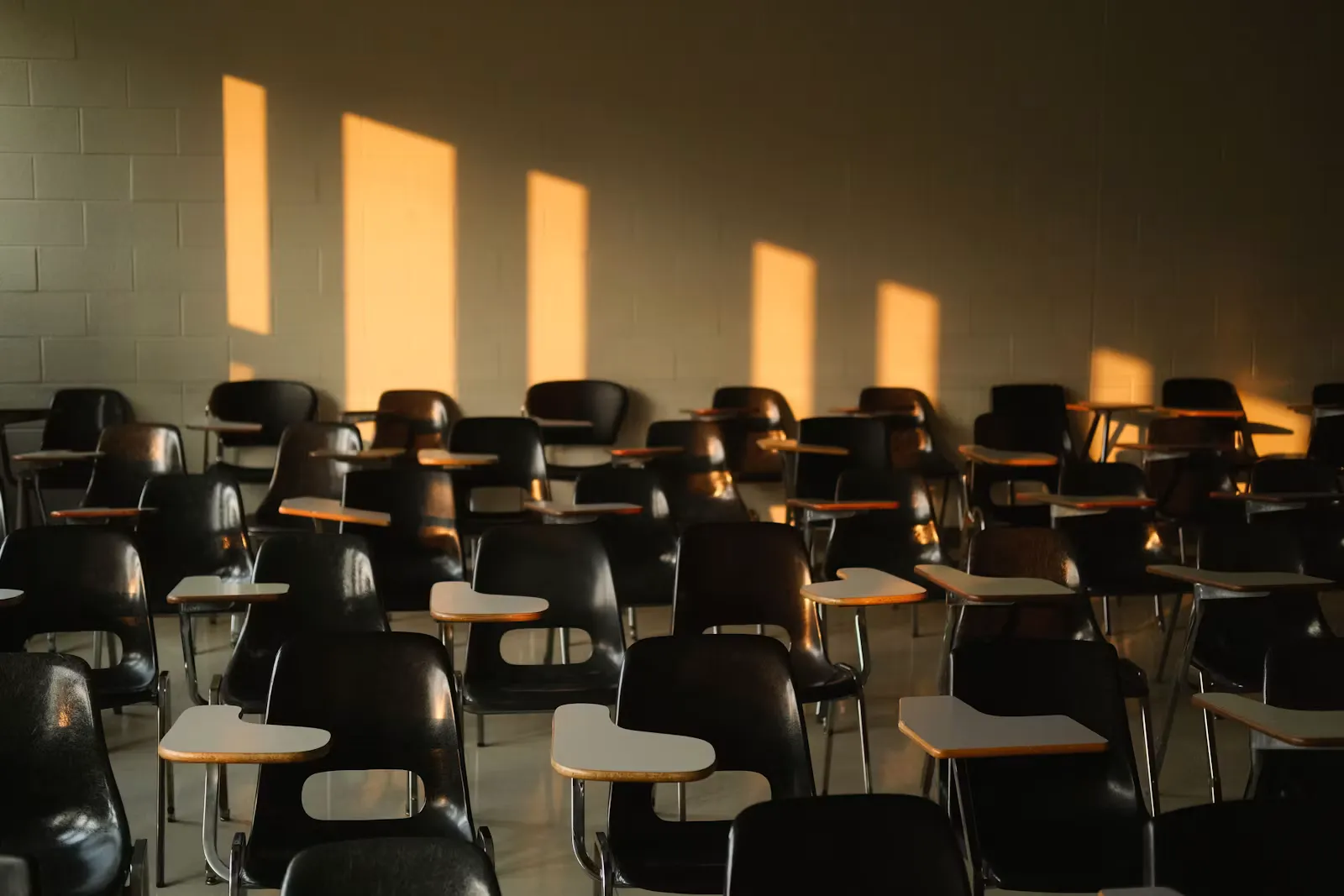 An empty university classroom with rows of desks lit by late afternoon sunlight