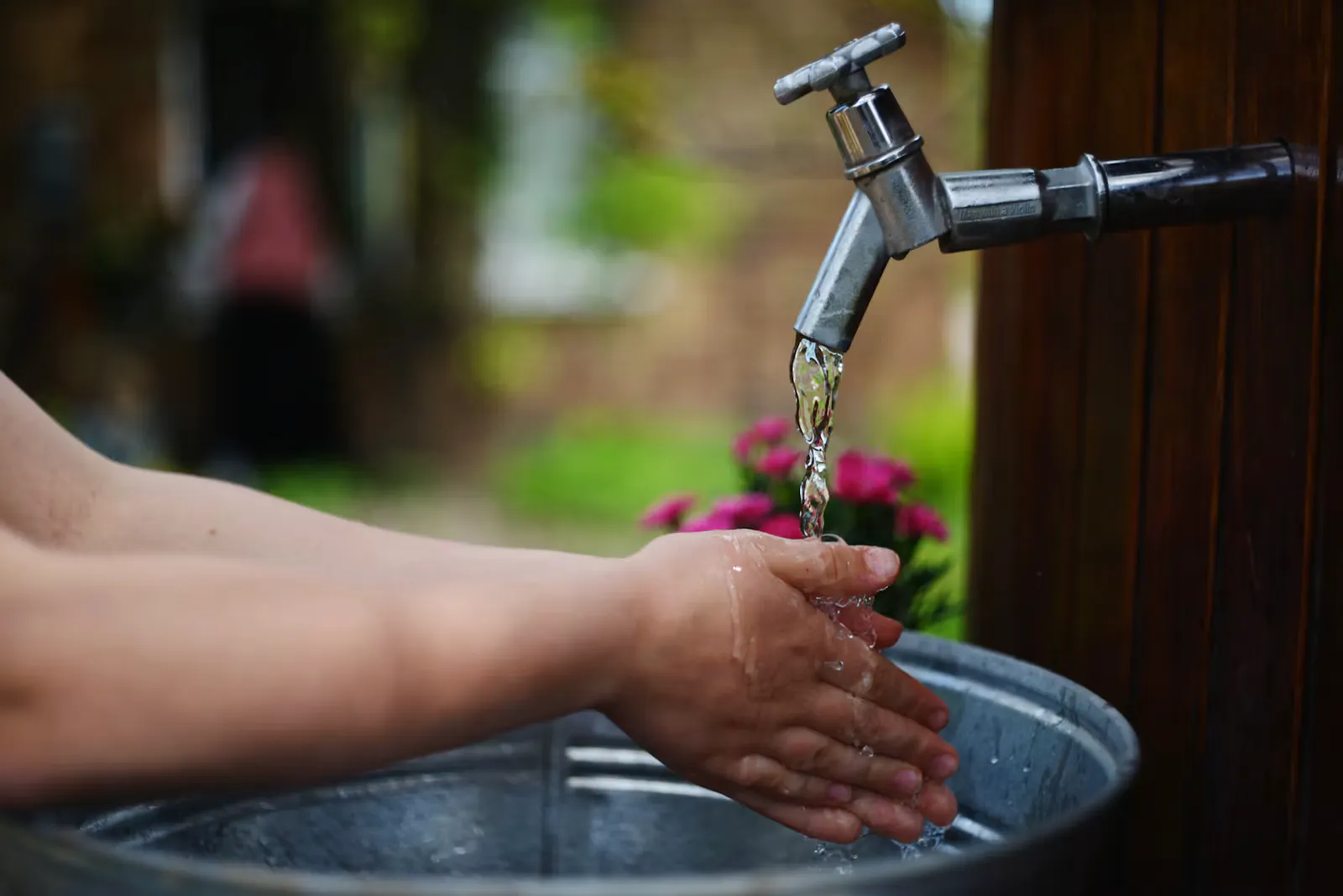 Hands being washed under a running outdoor tap over a metal basin, with pink flowers in the background