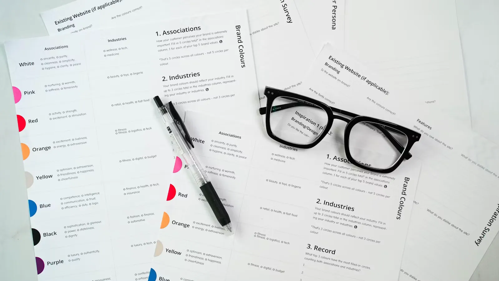 Brille liegt auf einem Stapel beschriebener Blätter