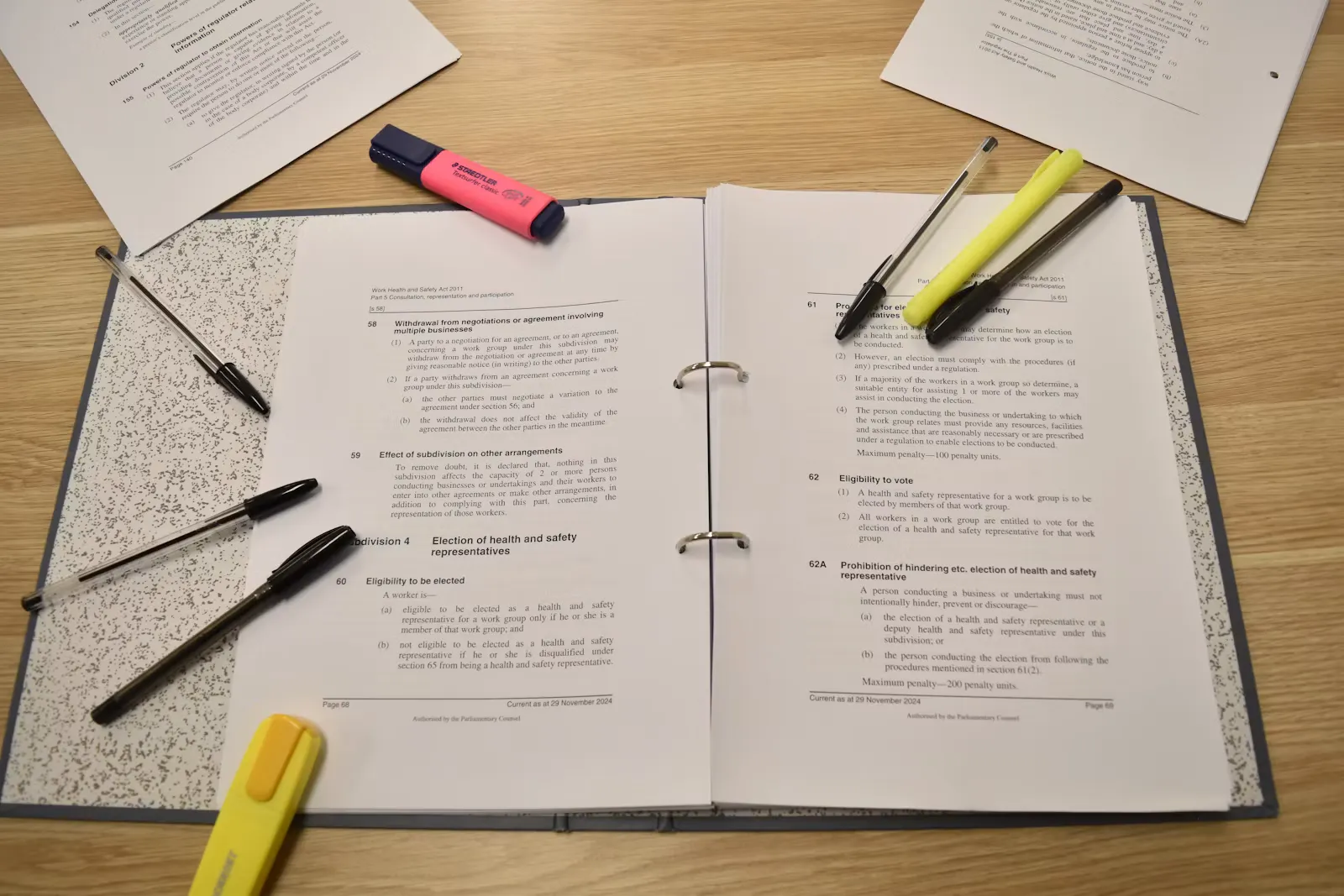 Papiere, Stifte und Leuchtmarker liegen zum Lernen auf einem Tisch bereit