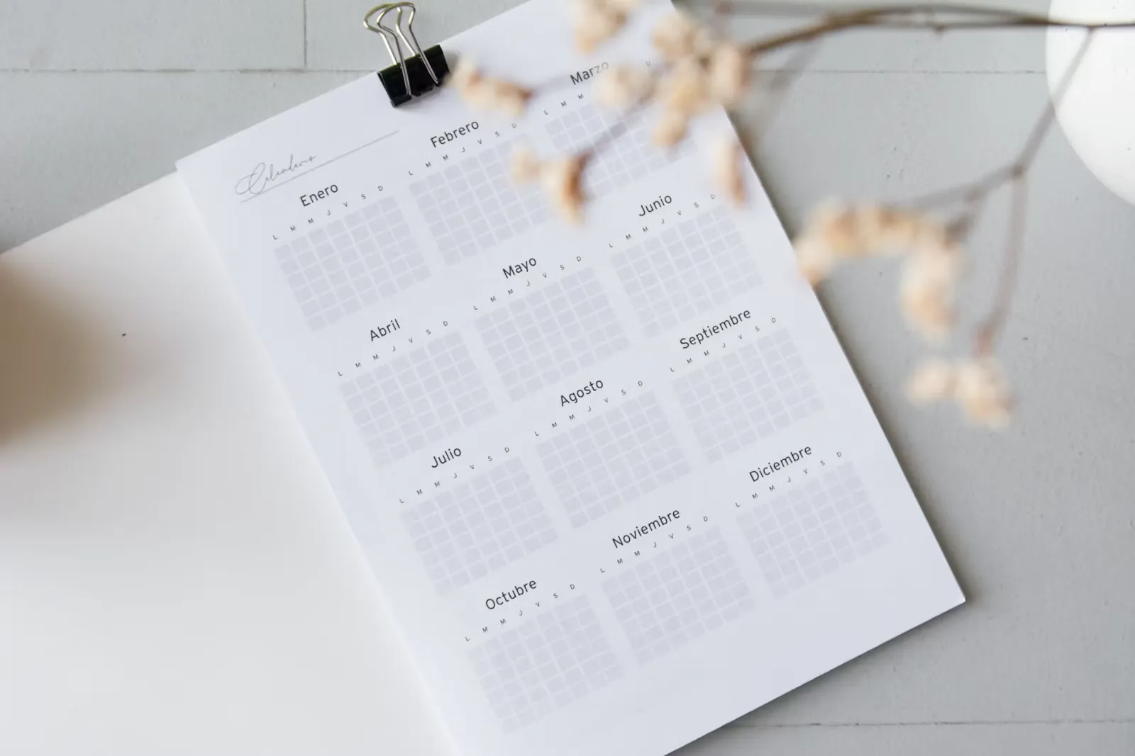 Ein gedruckter Jahreskalender mit allen zwölf Monaten liegt auf einer hellen Fläche, daneben liegen getrocknete Zweige
